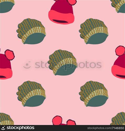 Winter headwear. Illustration of knitted hats with pom pom in seamless pattern on pink background. Web, wrapping paper, textile, wallpaper design, background fill.. Illustration of knitted hats with pom pom in seamless pattern on pink background