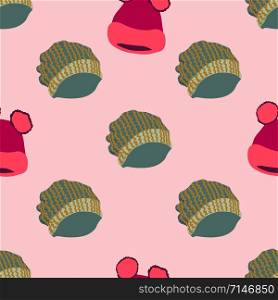 Winter headwear. Illustration of knitted hats with pom pom in seamless pattern on pink background. Web, wrapping paper, textile, wallpaper design, background fill.. Illustration of knitted hats with pom pom in seamless pattern on pink background