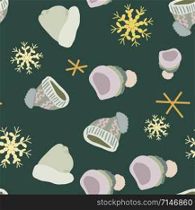 Winter headwear knitted hats with snowflakes seamless pattern on dark green background. Web, wrapping paper, textile, wallpaper design, background fill.. Winter headwear knitted hats with snowflakes seamless pattern on dark green background