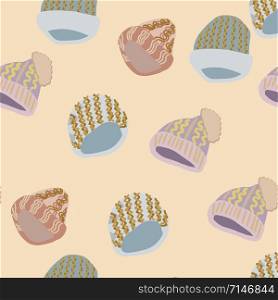 Winter headwear seamless pattern. Selection of trendy winter hats. Illustration of knitted hats, beanies. Web, wrapping paper, textile, wallpaper design, background fill.. Winter headwear seamless pattern.