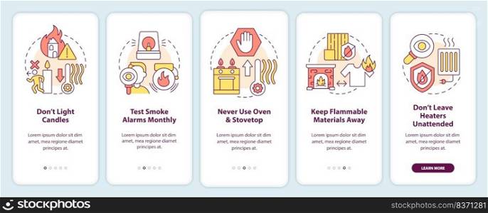 Winter heating safety tips onboarding mobile app screen. Precautions walkthrough 5 steps editable graphic instructions with linear concepts. UI, UX, GUI template. Myriad Pro-Bold, Regular fonts used. Winter heating safety tips onboarding mobile app screen