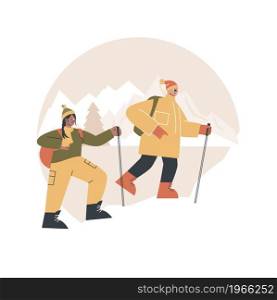Winter hiking abstract concept vector illustration. Hiking experience, warm clothing, mountain lodge vacation, winter walking, outdoor activity, buy apparel online, destination abstract metaphor.. Winter hiking abstract concept vector illustration.
