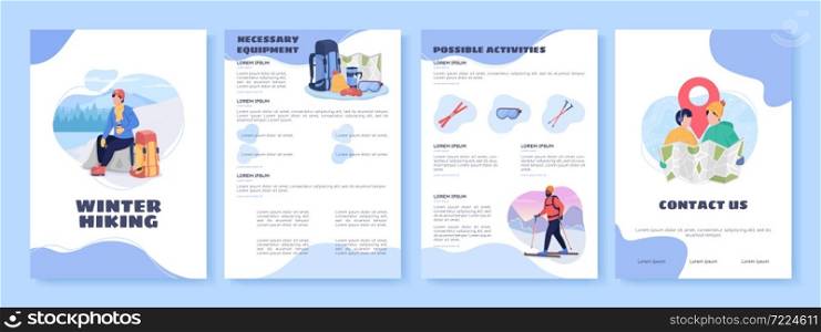 Winter hiking flat vector brochure template. Seasonal activity. Flyer, booklet, printable leaflet design with flat illustrations. Magazine page, cartoon reports, infographic posters with text space. Winter hiking flat vector brochure template