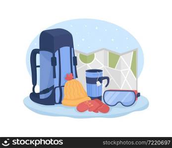 Winter hiking gear 2D vector isolated illustration. Backpack and hikers stuff. Camping trip equipment flat composition on cartoon background. Seasonal recreation preparation colourful scene. Winter hiking gear 2D vector isolated illustration