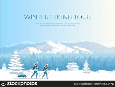 Winter hiking tour banner flat vector template. Brochure, poster concept design with cartoon characters. Ski resort vacation. Mountaineering horizontal flyer, leaflet with place for text. Winter hiking tour banner flat vector template