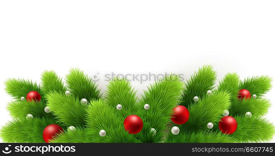 Winter holiday background. Border with Christmas tree branches isolated on white. Garland, frame with hanging baubles.. Winter holiday background. Border with Christmas tree branches isolated on white.