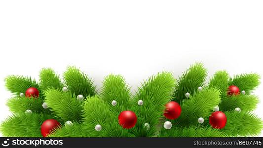 Winter holiday background. Border with Christmas tree branches isolated on white. Garland, frame with hanging baubles.. Winter holiday background. Border with Christmas tree branches isolated on white.