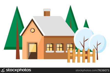 Winter holiday card with house construction and snowy trees outdoor. Building and fir-tree with snowfall weather. Postcard decorated by construction with windows and wood with snowflakes vector. House Building and Tree with Snowy Weather Vector
