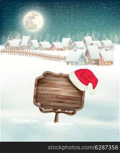 Winter holiday christmas background with a village, a sign and a santa hat.