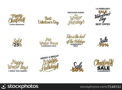 Winter holiday decorated discount labels poster on white. Vector collection of Christmas, Valentine&rsquo;s day and other winter holidays sales. Hot prices and advantages of buying on sales concept. Winter Holiday Decorated Discount Labels Poster