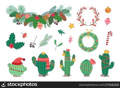 Winter holiday decorations. Christmas wreath, scandinavian style branches and xmas tree toys. Leaves, red berries and cacti with festive garlands vector clipart. Illustration of xmas cactus decoration. Winter holiday decorations. Christmas wreath, scandinavian style branches and xmas tree toys. Leaves, red berries and cacti with festive garlands vector clipart