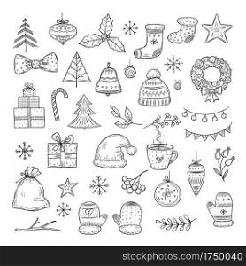 Winter holiday doodle set. Sketch christmas gift boxes, santa hats, and fir-trees, xmas garland. Vector isolated collection xmas holiday doodle, gift christmas illustration. Winter holiday doodle set. Sketch christmas gift boxes, santa hats, and fir-trees, xmas garland. Vector isolated collection