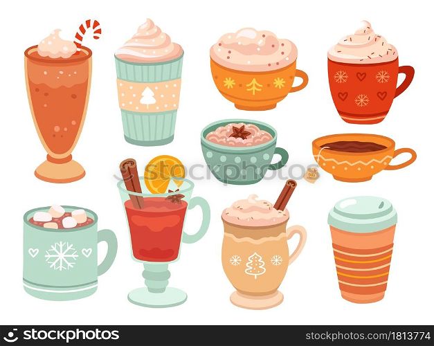 Winter holiday drinks. Mulled wine, hot cocoa whipped cream coffee. Isolated warm christmas cup latte tea chocolate marshmallow vector set. Christmas cocoa drink, coffee mug for winter illustration. Winter holiday drinks. Mulled wine, hot cocoa whipped cream coffee. Isolated warm christmas cup latte tea chocolate marshmallow vector set
