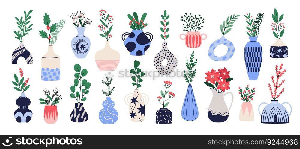 Winter holiday flower bouquets. Plants in vases, boho decorative home design elements. Isolated blue blossom branches, racy rustic vector collection of bouquet decoration illustration. Winter holiday flower bouquets. Plants in vases, boho decorative home design elements. Isolated blue blossom branches, racy rustic vector collection