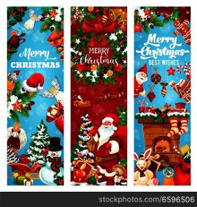 Winter holiday greeting banner for Christmas and New Year celebration. Santa, snowman and gift, Xmas tree and holly berry wreath with bell, snowflake and ribbon bow, ball, candy and sock banner design. Christmas and New Year holiday greeting banner