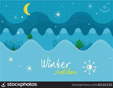 Winter Holiday. Mountain Landscape Banner. Vector. Winter holiday. Mountain landscape banner. Mountaineering mountain climbing Alpinism concept. Extreme hills in snowy high mountains. Winter holiday resort. Blue sky and crystal white snow. Vector
