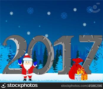 Winter holiday new year. Santa with gift on background winter wood