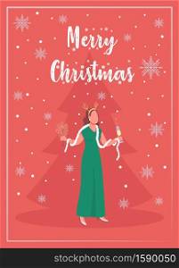Winter holiday party greeting card flat vector template. Luxury event. Christmas tree. Brochure, booklet one page concept design with cartoon characters. New Year celebration flyer, leaflet. Winter holiday party greeting card flat vector template