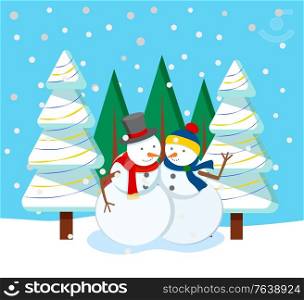 Winter holiday postcard with snowman characters hugging near fir-trees. Greeting card with traditional frost symbol near snowy spruce. Trees and snowfall weather outdoor, festive invitation vector. Festive Card with Snowman and Fir-tree Vector