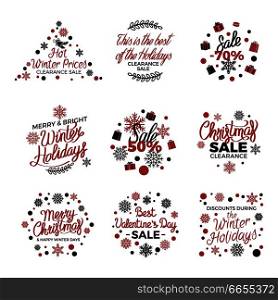 Winter holiday sale labels vector poster in purple and black colors. Hot winter prices clearance sale. Besr Valentines day sale. Decorated tags with writings showing discounts during winter holidays.. Winter Holiday Sale Labels Vector Poster on White