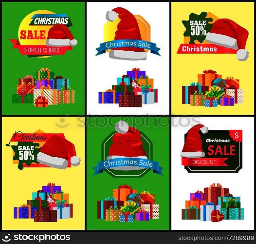 Winter holiday sale with half price reduction promotional posters templates with bright boxes with bows on top and gifts inside, vector illustrations.. Winter Holiday Sale with Half Price Reduction