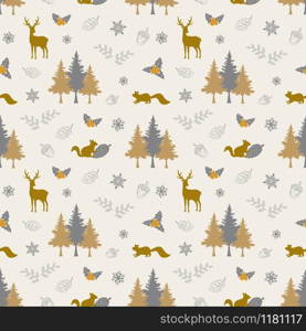 Winter holiday seamless repeat pattern with animal wildlife in the forest,traditional symbols for happy Christmas,celebrate party,decorative,textile,print or wrapping paper,vector illustration