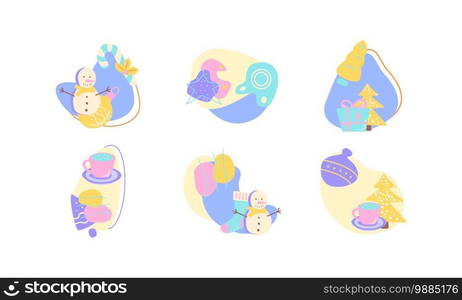 Winter holiday season flat vector concept illustration with abstract shapes set. Christmas tree bauble. Ornate sphere. Present, gift. Wintertime 2D geometric and organic cartoon elements collection. Winter holiday season flat vector concept illustration with abstract shapes set