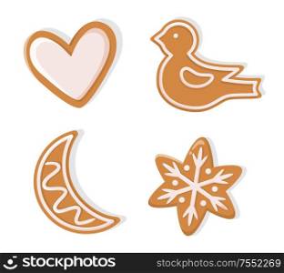 Winter holiday shapes of gingerbread vector. Christmas cookie figurines of heart and bird, moon and snowflake with pattern in flat style isolated on white. Winter Holiday Cookies Gingerbread Vector Isolated