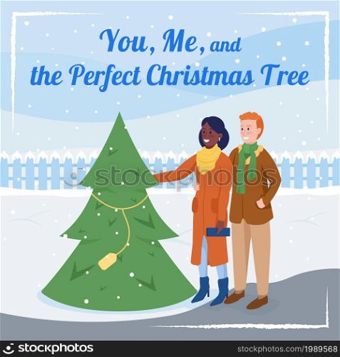 Winter holiday social media post mockup. You, me and perfect Christmas tree phrase. Web banner design template. Booster, content layout with inscription. Poster, print ads and flat illustration. Winter holiday social media post mockup