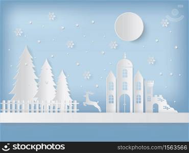 Winter holiday with home and snow background,Christmas season, vector illustration,paper art style.
