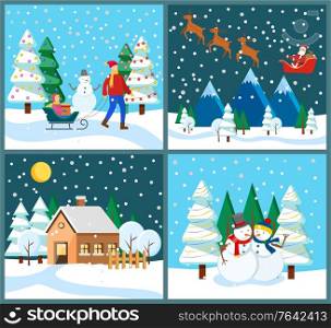 Winter holidays activities. Santa Claus with reindeers flying at night sky. Dad with kid holding gift in sled. Snow sculptures of male and female characters. Home in town covered with snow vector. Winter Holidays, Santa Claus with Deers and Family