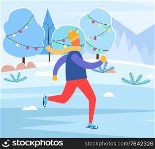 Winter holidays and activities for people. Man skating on ice rink and dancing. Personage outdoors leading active lifestyle. Trees decorated with garlands and lights for christmas and new year vector. Figure Skating Man on Ice Rink In Christmas Eve