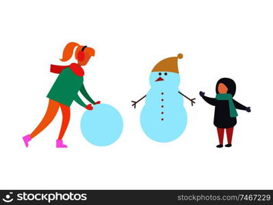 Winter holidays and fun family playing vector. Snowman with carrot nose wearing warm hat. Mother and kid, child making snow balls building big man. Winter Holidays and Fun Family Playing Vector