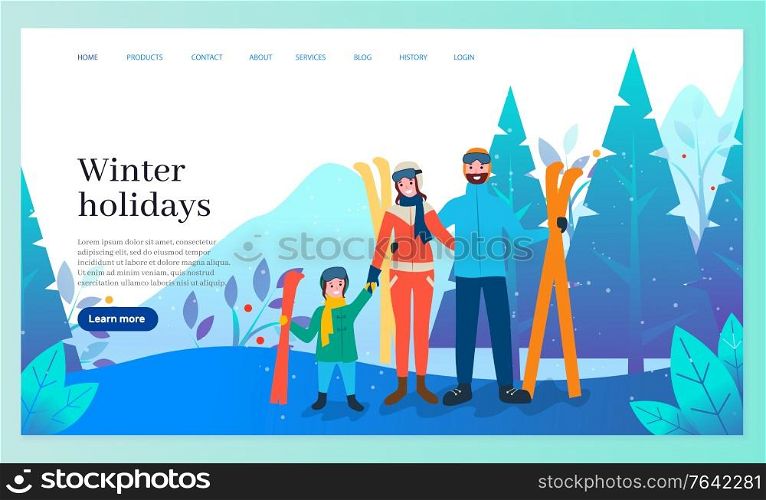 Winter holidays and recreation in wintertime vector. Father and mother with kid wearing special costume for skiers. Skiing activity of family in forest. Website or webpage template, landing page. Winter Holidays Family Skiing in Vacation Website