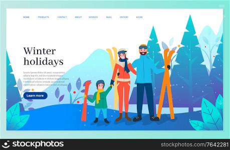 Winter holidays and recreation in wintertime vector. Father and mother with kid wearing special costume for skiers. Skiing activity of family in forest. Website or webpage template, landing page. Winter Holidays Family Skiing in Vacation Website
