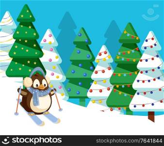 Winter holidays and rest in cold season. Penguin wearing warm clothes scarf and earmuffs. Skiing birdie in forest with pine trees and garlands. Christmas celebration and active lifestyle vector. Penguin Skiing in Pine Tree Forest Downhill Vector