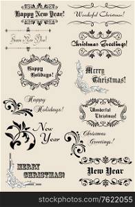Winter holidays calligraphic elements with scripts and decorations for Christmas or New Year design