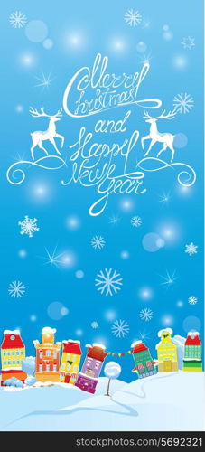 Winter holidays card with houses, Handwritten text Merry Christmas and Happy New Year