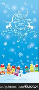Winter holidays card with houses, Handwritten text Merry Christmas and Happy New Year