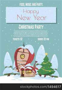Winter Holidays Celebration Evening Party Cartoon Vector Advertising Flyer, Promo Poster or Invitation Card Design Template with Santa Claus Fairytale House on North Pole Snowy Forest Illustration