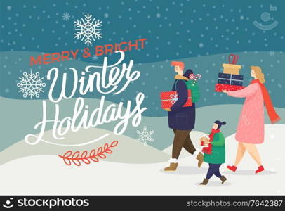 Winter holidays celebration of new year and christmas. People walking in snowy weather carrying boxes with present. Kid holding gingerbread cookie in shape of house. Merry and bright wintertime vector. Winter Holidays Family Carrying Presents Vector