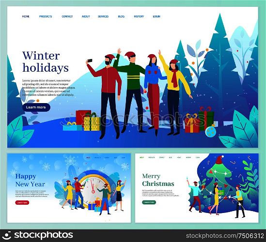 Winter holidays, Christmas vacation of people web pages set. Man and woman celebrating event, presents decorated with ribbons and bows, pine wood. Winter Holidays, Christmas Vacation of People