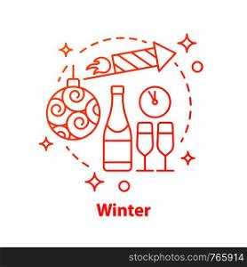 Winter holidays concept icon. New Year celebration idea thin line illustration. Champagne, fireworks, party decor. Vector isolated outline drawing. Winter holidays concept icon