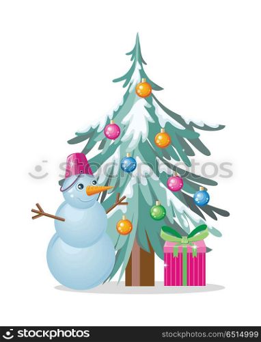 Winter holidays concept vector. Flat design. Christmas tree decorated colored toys and covered snow, gift box and cute snowman. Christmas and New Year celebrating. For greeting, invitation card design. Winter Holidays Vector Concept in Flat Design. Winter Holidays Vector Concept in Flat Design