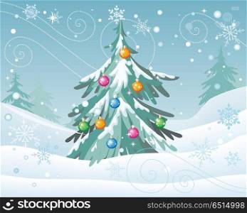 Winter holidays concept vector. Flat style. Christmas tree decorated colored toys sanding in snowy forest during a blizzard. Christmas and New Year celebrating. For greeting card, invitation design. Winter Holidays Vector Concept in Flat Design. Winter Holidays Vector Concept in Flat Design