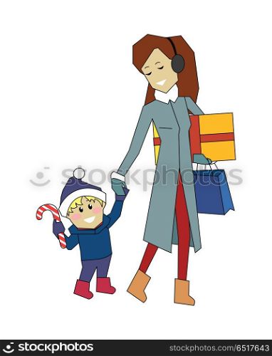 Winter holidays concept vector. Flat style. Woman in winter clothes with gifts in hand walking with her son in santa hat with candy cane. Christmas and New Year celebrating. Buying presents for family. Winter Holidays Vector Concept in Flat Design. Winter Holidays Vector Concept in Flat Design