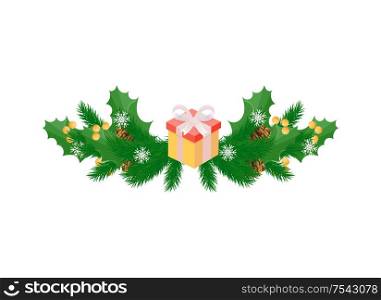 Winter holidays decoration with mistletoe leaves, holly berries and wrapped present gift box vector isolated icon. Spruce and cones, snowflakes on white. Winter Holidays Decoration with Mistletoe Leaves