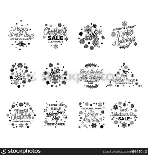 Winter holidays discount concepts big set with snowflakes, hearts, gifts in monochrome color with elegant lettering on white. Christmas, New Year and Valentines sales logos with gilded elements. Winter Holidays Discounts Vector Concepts Set