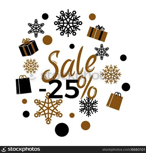 Winter holidays discounts concept with snowflakes, gifts, shopping bags in black and gold colors with lettering on white. Christmas and New Year sale logo with gilded elements for seasonal promotions