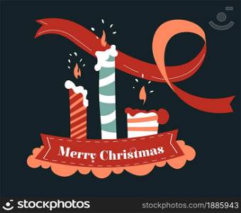 Winter holidays greeting banner, merry christmas celebration and congratulations. Decorative aromatic candles with light and ribbon swirl. Seasonal cheerfulness and candlelight, vector in flat. Merry christmas candles and decorative ribbon greeting banner